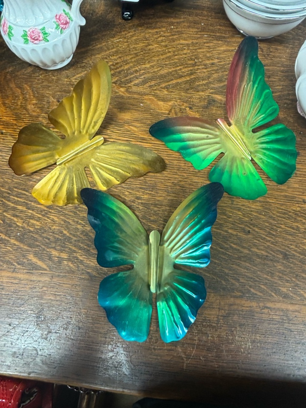 Set of Three Decorative Metal Butterfly Wall Hooks - Green/Gold/Teal